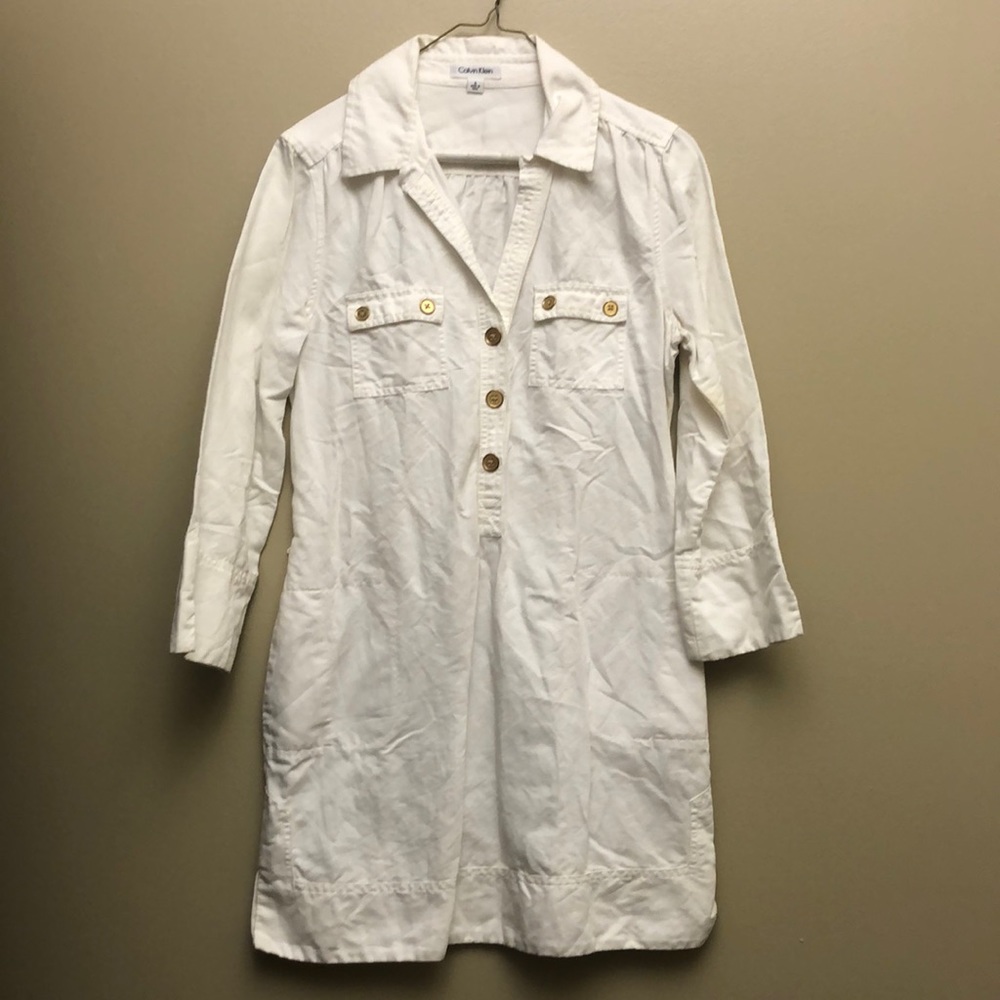 Calvin Klein Cotton Linen Button Down Collared White Mini Dress Tunic
